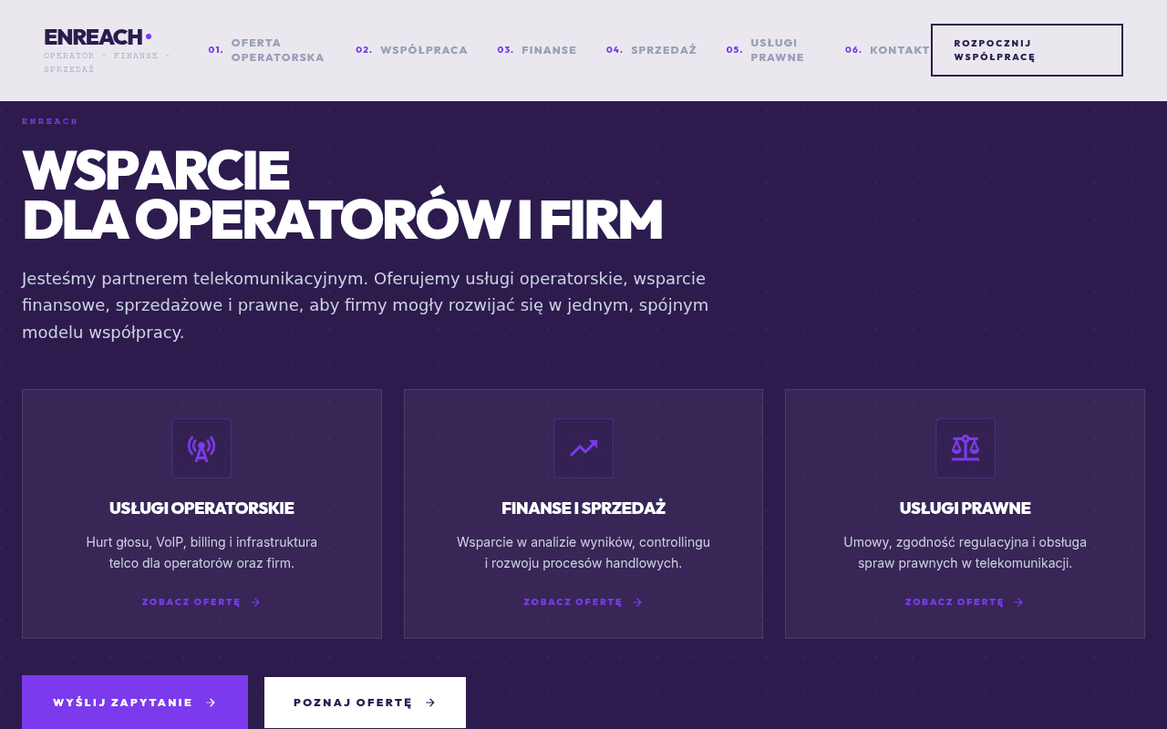 Enreach, kadr strony: oferta dla operatorów