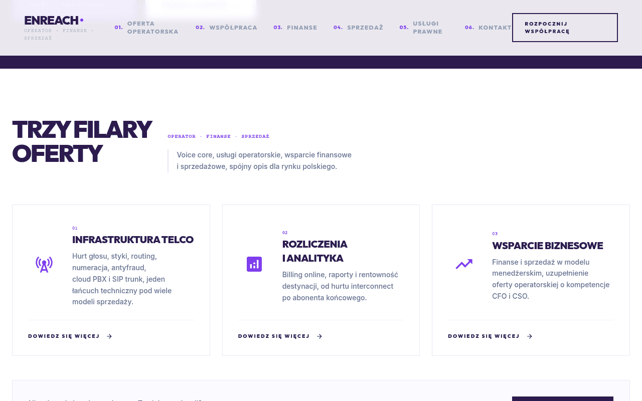 Enreach, kadr strony: trzy filary oferty