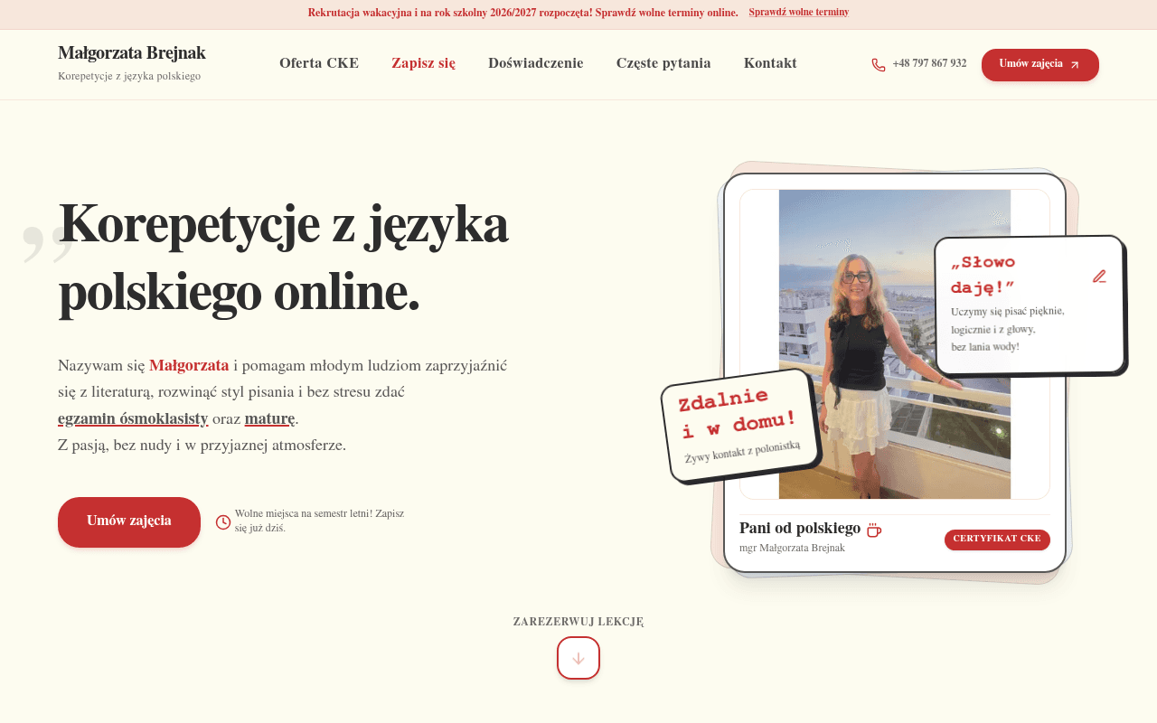 Małgorzata Brejnak, widok strony na komputerze