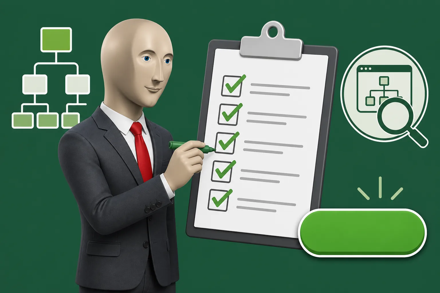 Ludzik odhacza zieloną checklistę przed SEO: indeks, mapa, CTA - wszystko świeci.