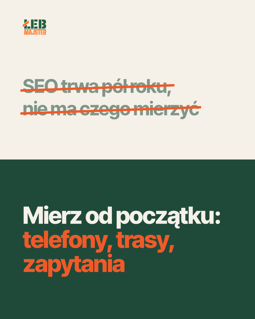 Przekreślone hasło „SEO trwa pół roku, nie ma czego mierzyć” i odpowiedź: mierz od początku telefony, trasy, zapytania
