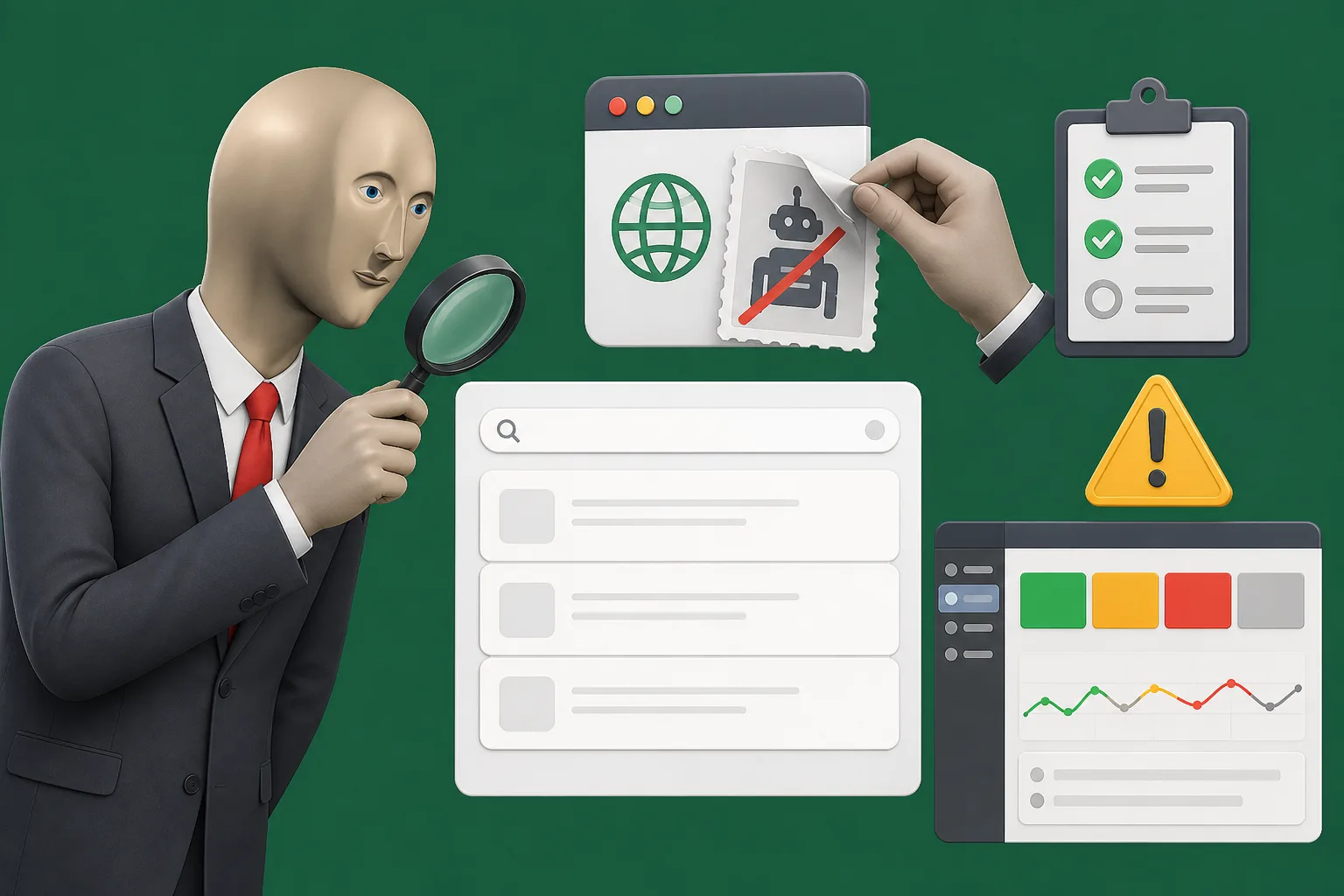 Ludzik sprawdza, czemu strona nie wraca w Google: lupa, noindex i puste wyniki.